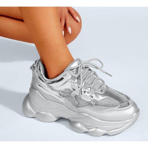 Women's 90s Chunky Sneakers Rope Platform Casual Thick Rave Walking Shoes Silver - Picture 6 of 9